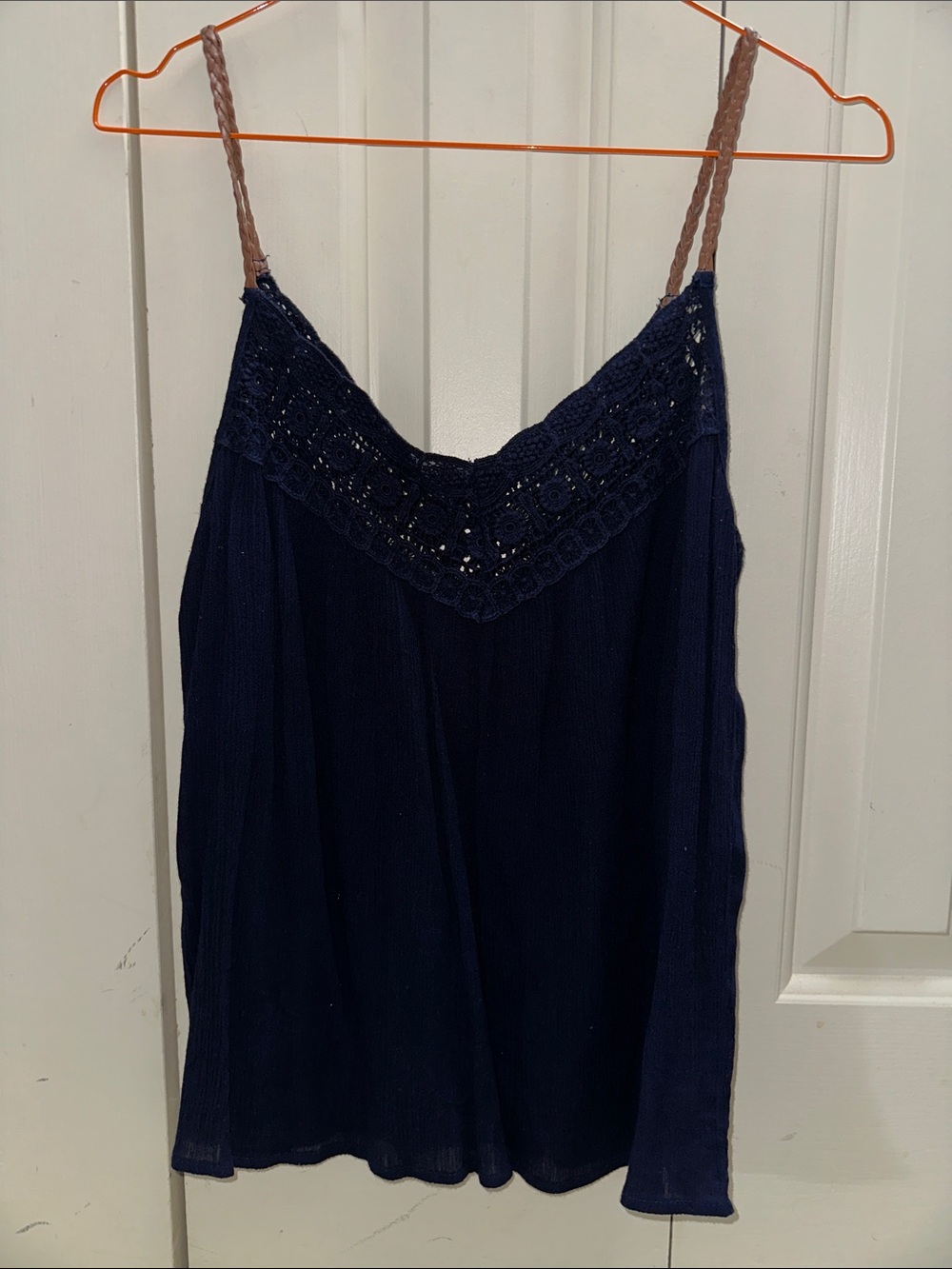 Navy Crochet-Trim Braided Leather Strap Camisole Tank Top